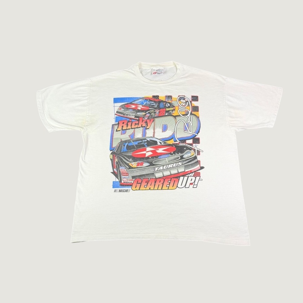 Vintage Ricky Rudd NASCAR T Shirt Mens XL White Geared Up Ford Taurus Racing